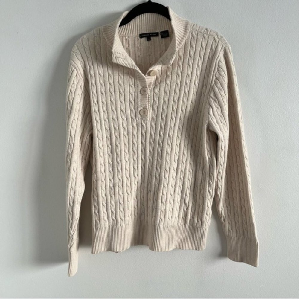 Jeanne Pierre Size XL Cable Knit Mock Neck Henley Button Sweater Top Cream Ivory